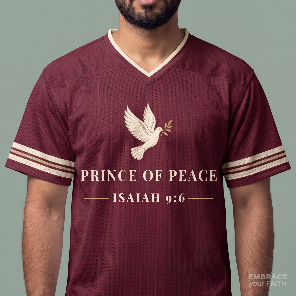 Prince of Peace Mesh Jersey in Burgundy, front print close-up – Isaiah 9:6