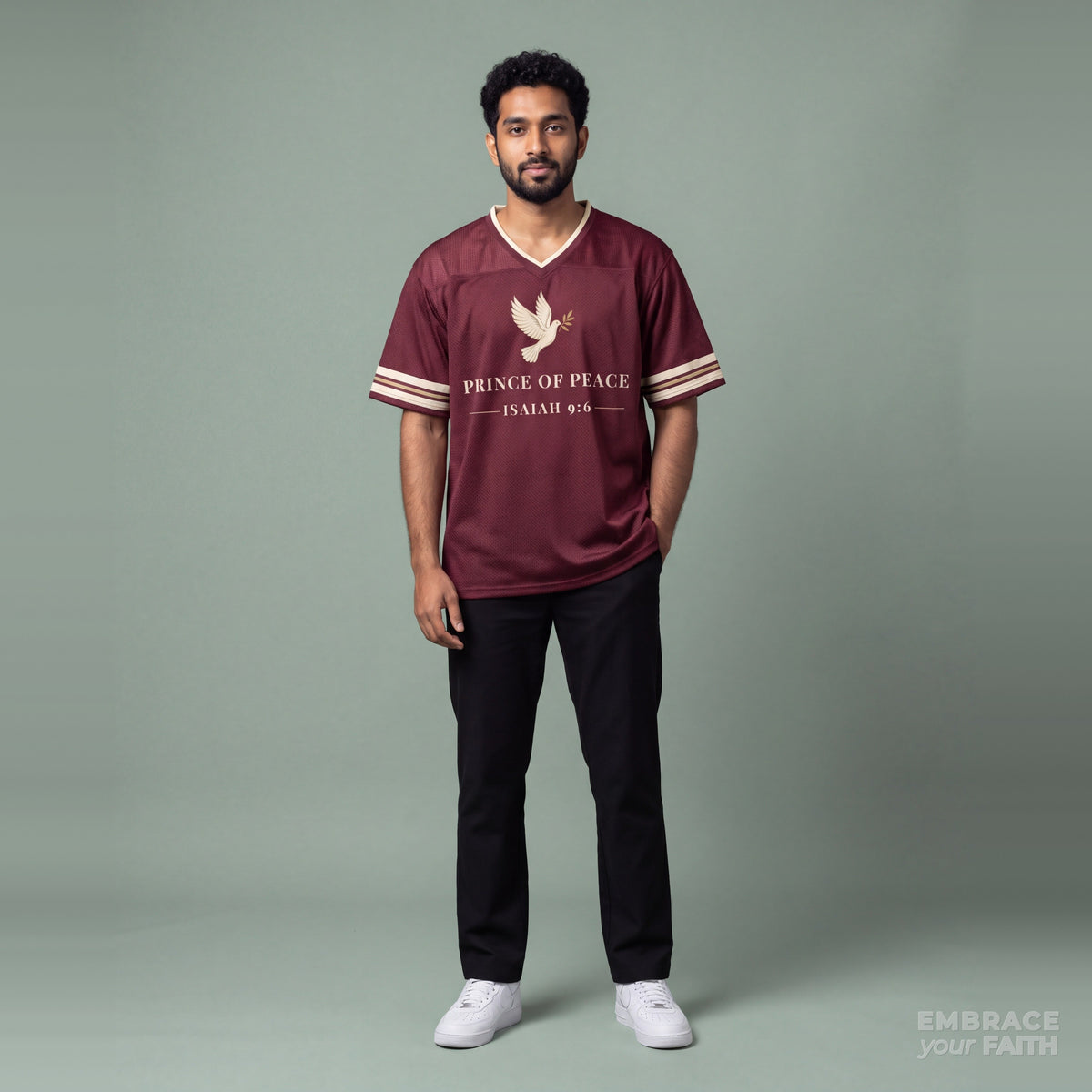 Prince of Peace Mesh Jersey in Burgundy, front view on model – Isaiah 9:6