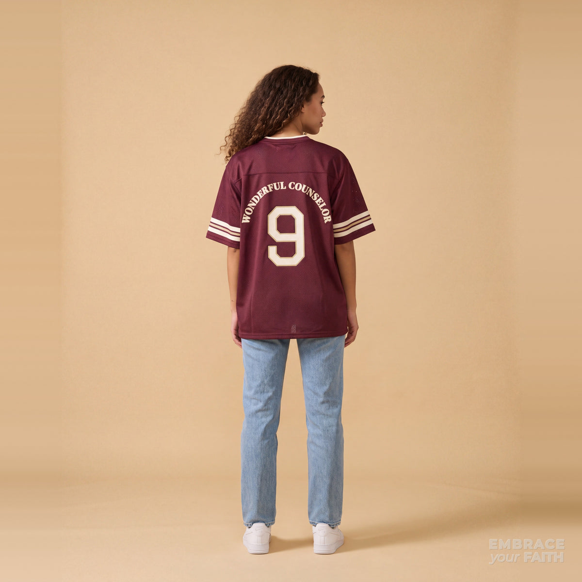 Prince of Peace Mesh Jersey in Burgundy, back view on model – Isaiah 9:6