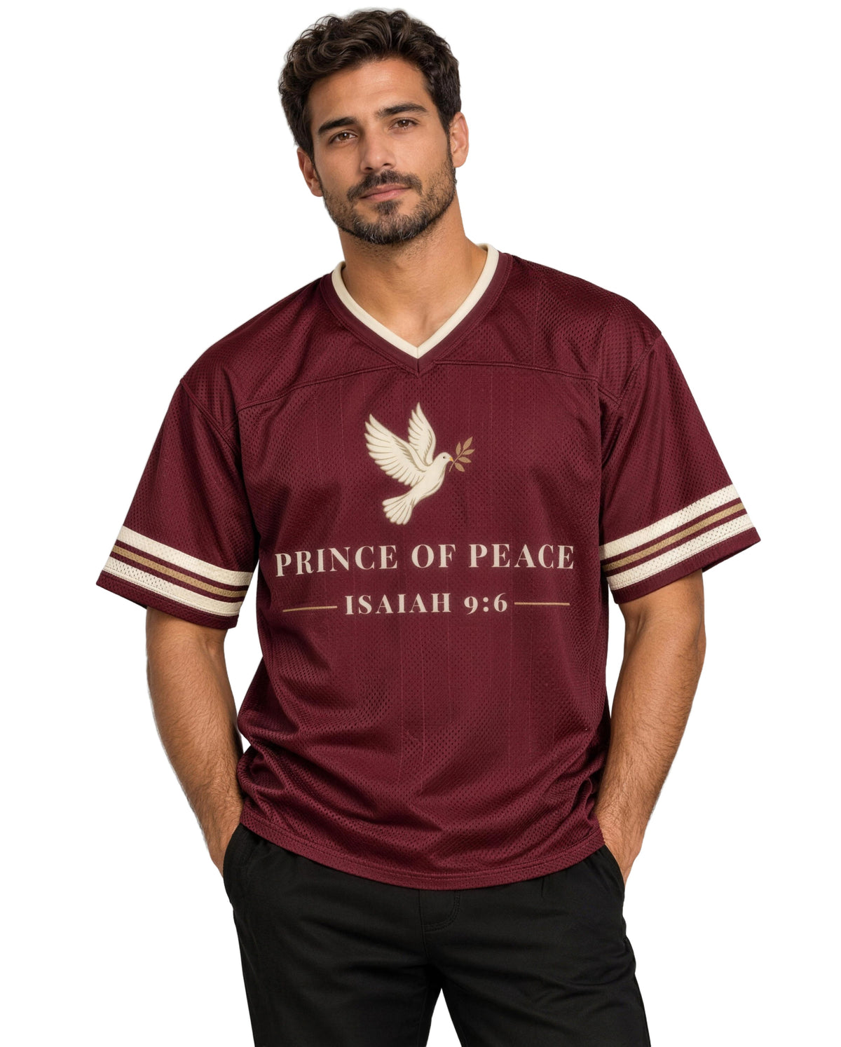Prince of Peace Mesh Jersey in Burgundy, front view on model – Isaiah 9:6