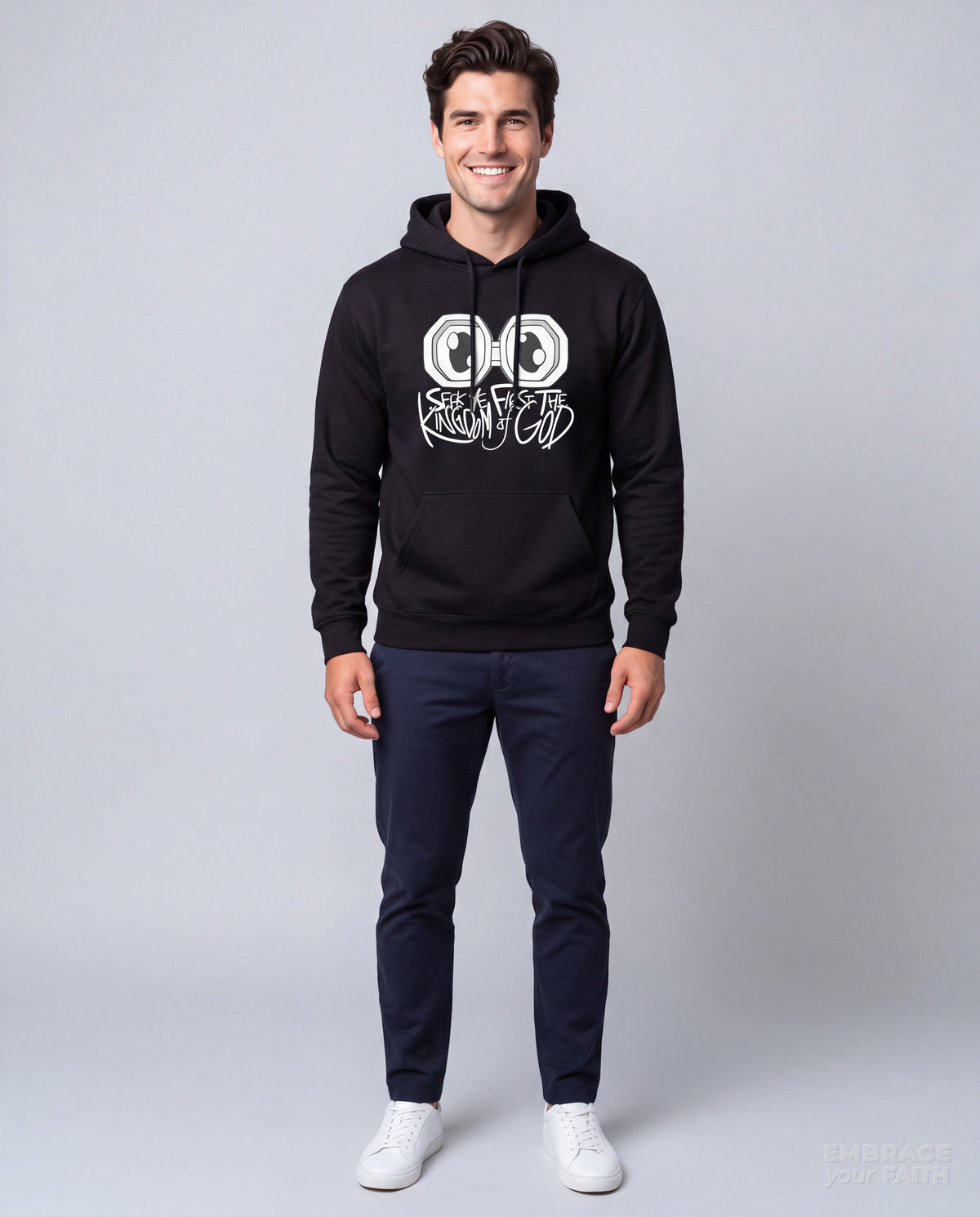 EYF model wearing the Seek Ye First the Kingdom Unisex Hoodie in Black