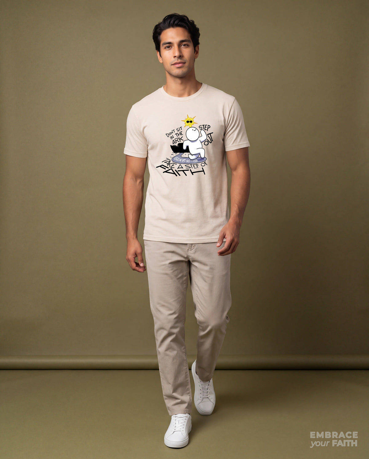 EYF model wearing the Take a Step of Faith - Unisex Classic T-Shirt in Natural