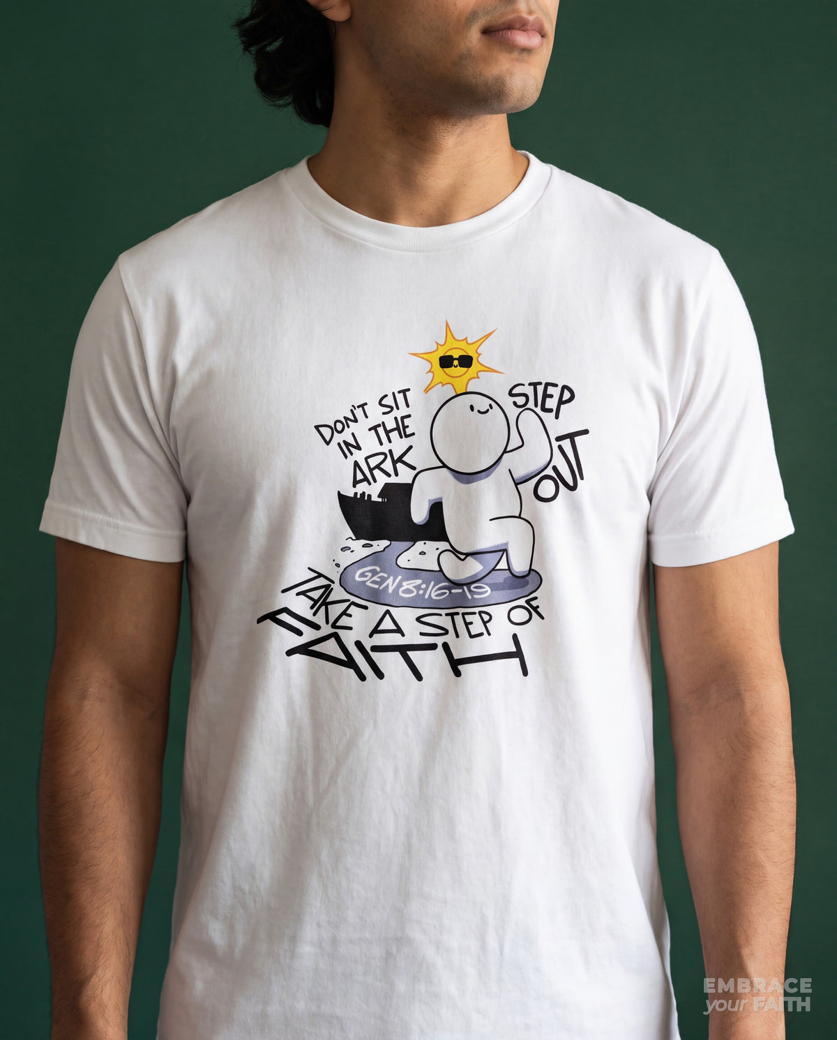 Close-up of the print on the Take a Step of Faith - Unisex Classic T-Shirt in White