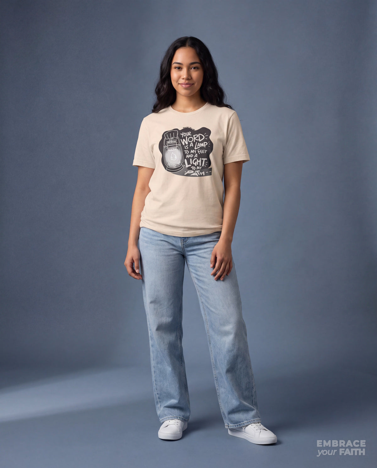Thy Word Is a Lamp unto My Feet Black & White Print T-Shirt in Soft Cream, worn by a model