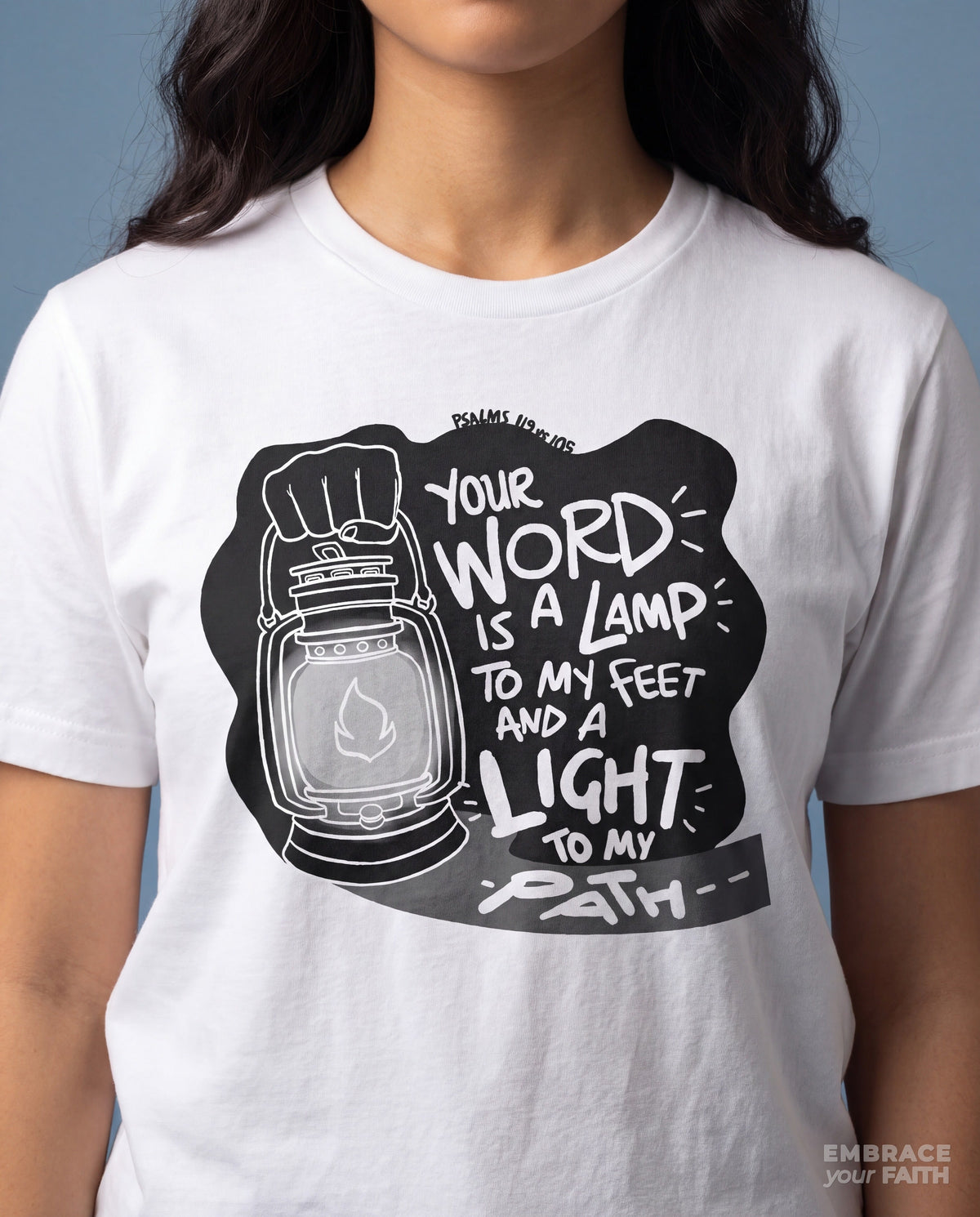Close-up of the Thy Word Is a Lamp unto My Feet Black & White T-Shirt print in White