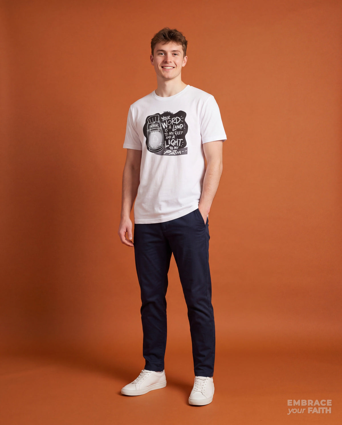 Thy Word Is a Lamp unto My Feet Black & White Print T-Shirt in White, worn by a model