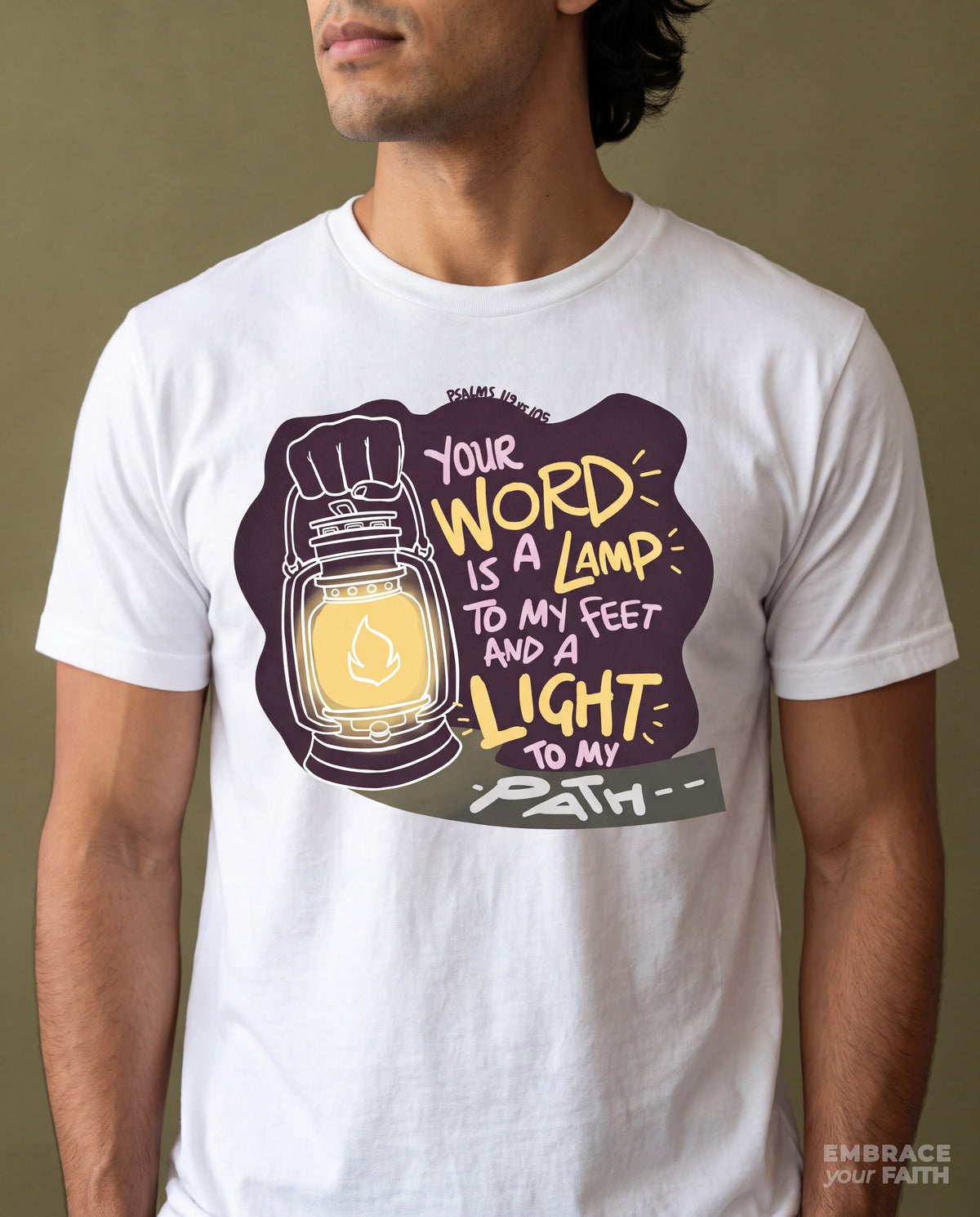 Close-up of the Thy Word Is a Lamp unto My Feet T-Shirt print in White