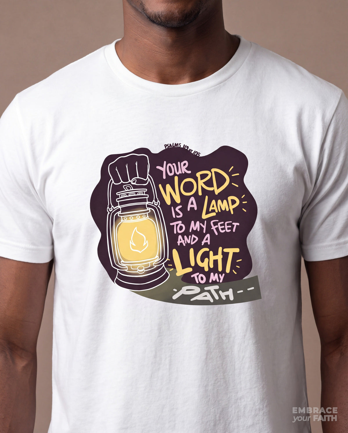 Close-up of the print on the Thy Word Is a Lamp Unto My Feet Unisex Classic Tee in White