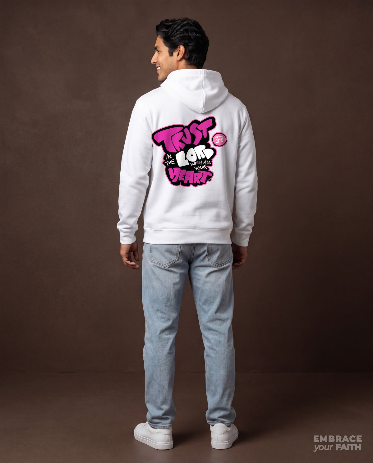 EYF model wearing the Trust in the Lord Unisex Hoodie in White (back view)