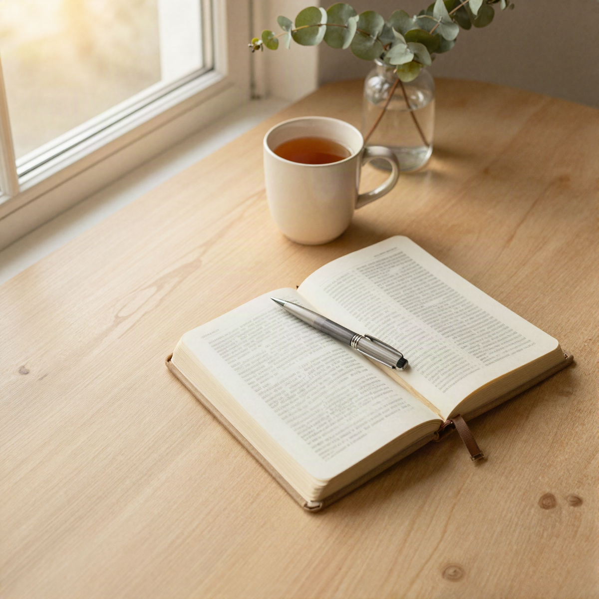 An open Bible with a pen beside a cup of tea and a sprig of eucalyptus on a sunlit wooden table